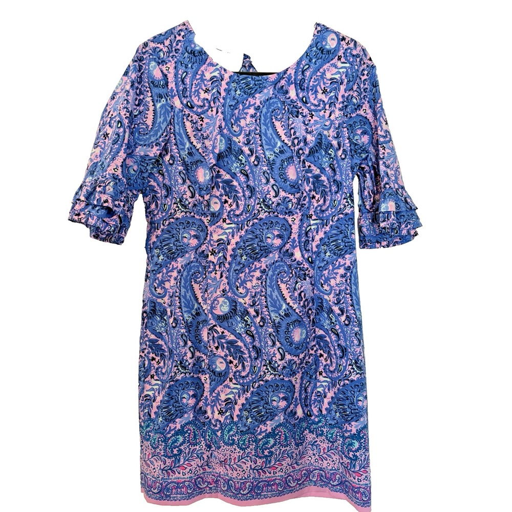 NWOT‎ Lilly Pulitzer Fiesta Dress SZ 6 Purple Keyhole Back Ruffle 3/4 Sleeves
